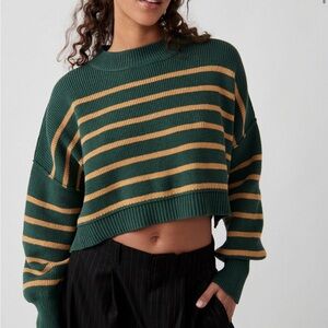 Free People Stripe Easy Street Crop Sweater in Hunter Green